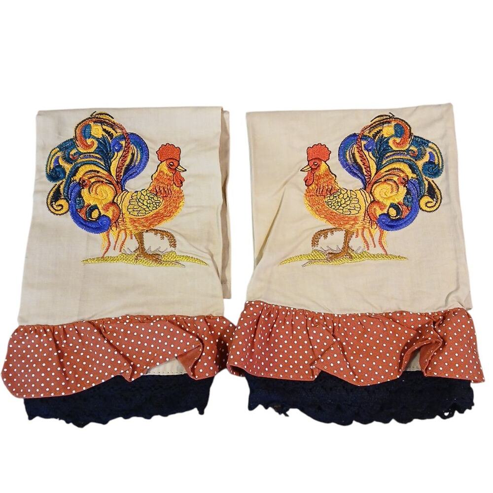 Colorful Embroidered Rooster Chicken 100% Cotton Linen Tea Towels x2 28x16" READ